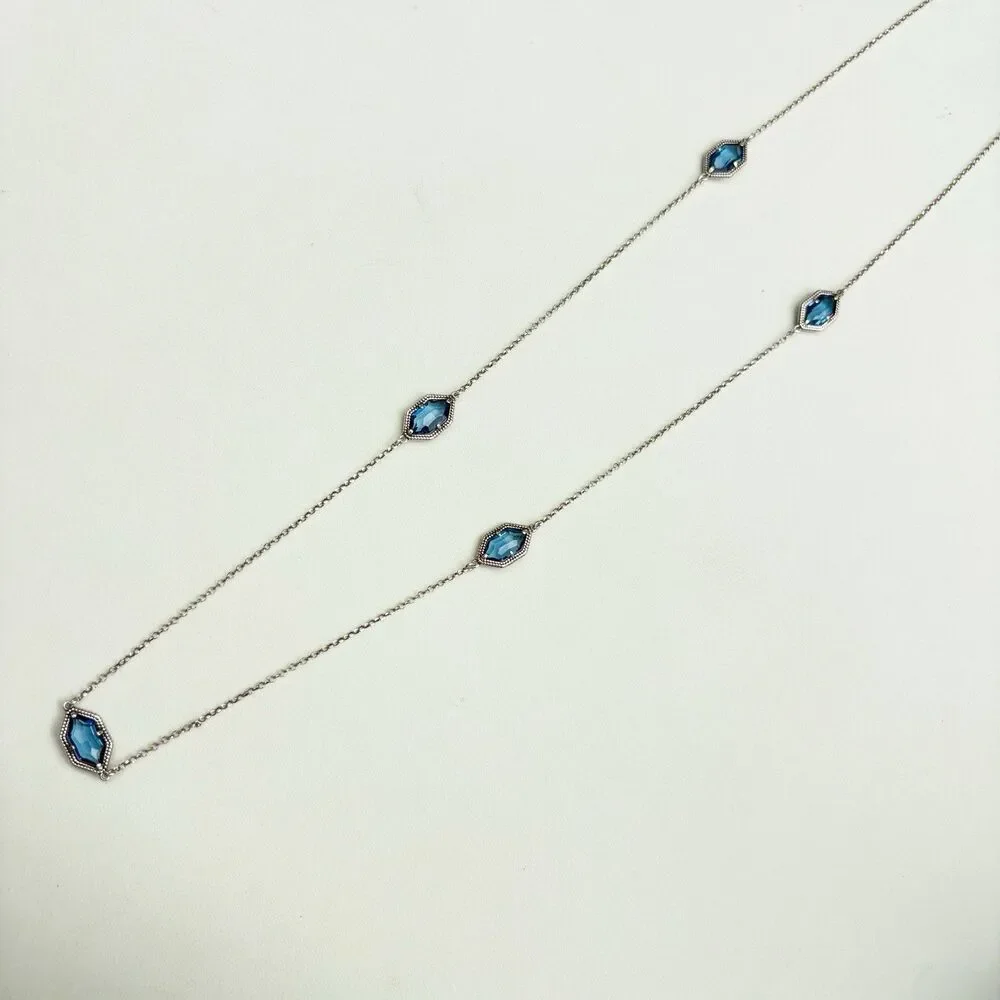Dyadema Italy 925 Sterling Silver Rose Gold Tone Blue Crystal Station Necklace - Picture 3 of 6